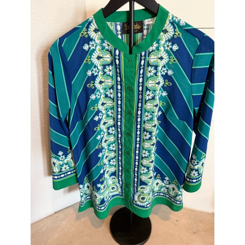 Bob Mackie‎ Womens Blouse S Green Blue Paisley Floral Button Top Boho